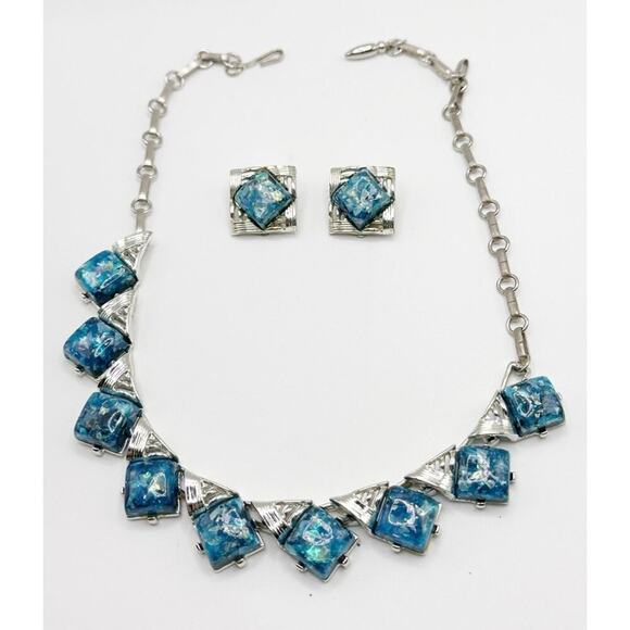 Vintage CORO Baby Blue Lucite Confetti Deco Silver Necklace And Earrings Set - Picture 1 of 6